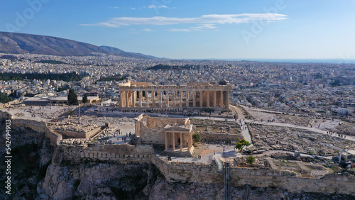 Aerial drone photo of iconic Acropolis hill and the Parthenon a Unesco World Heritage Masterpiece of ancient times, Athens historic centre, Attica, Greece