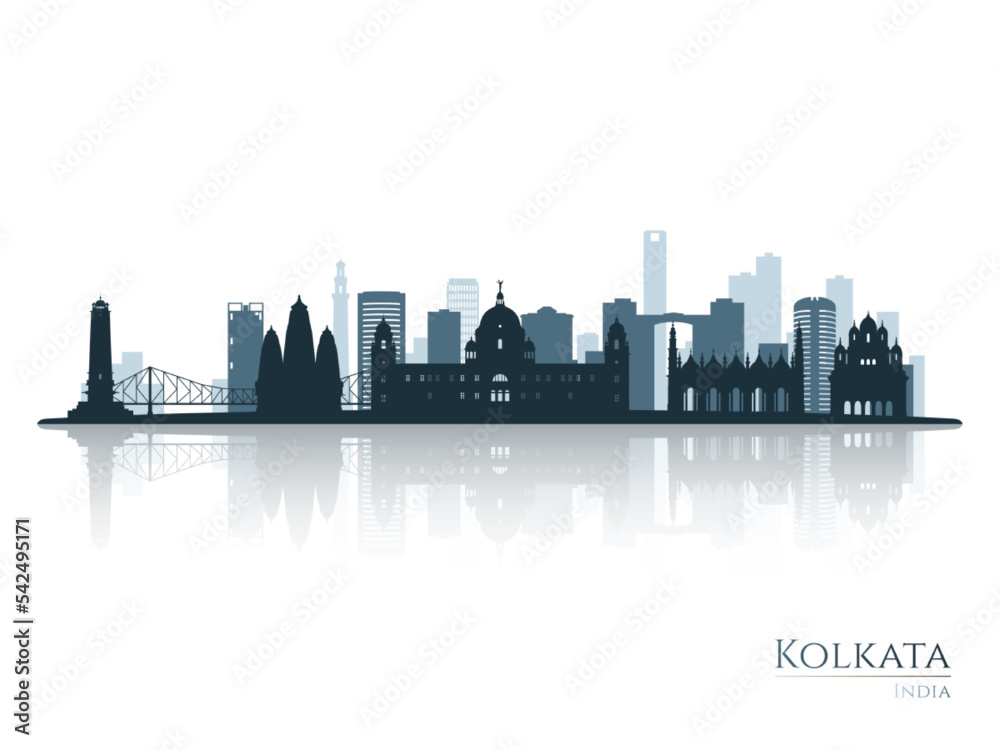 Kolkata skyline silhouette with reflection. Landscape Kolkata, India. Vector illustration.