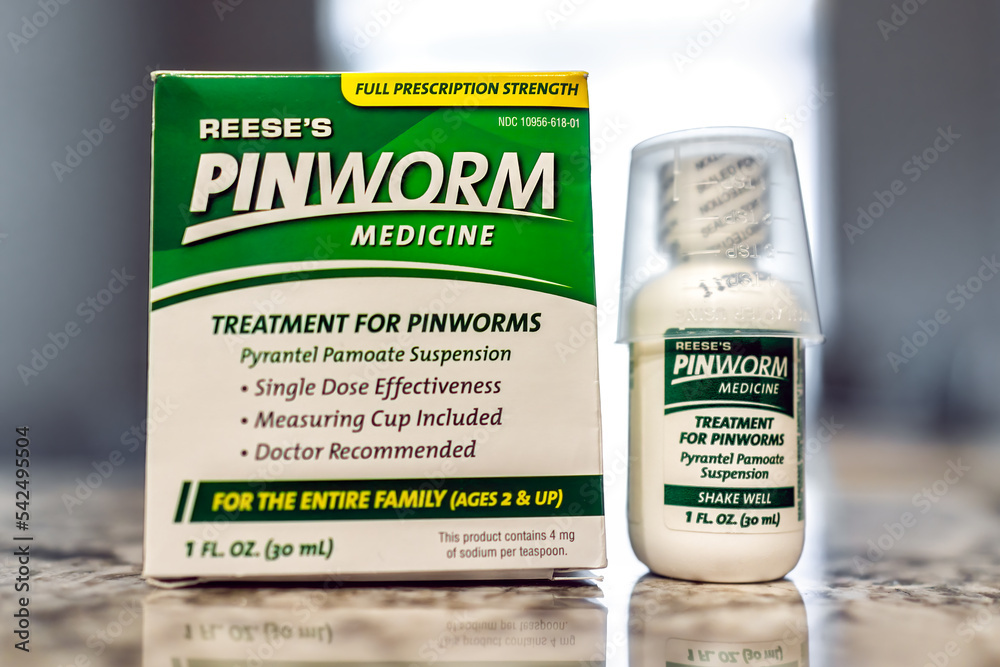 Avon, USA June 11, 2022 Macro closeup of pinworm medication medicine by Reese's against human