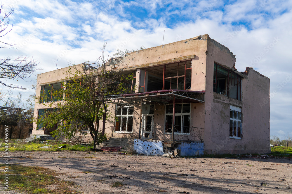 War in Ukraine. 2022 Russian invasion of Ukraine. Countryside. House destroyed by shelling. Destruction of infrastructure. Terror of the civilian population. War crimes War in Ukraine. 2022 Russian invasion of Ukraine. Countryside. House destroyed by shelling. Destruction of infrastructure. Terror of the civilian population. War crimes