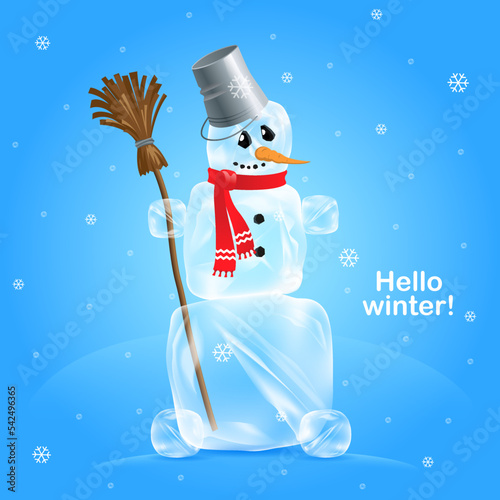 cartoon snowman made of ice cubes with a broom in his hand on a blue background, with snowflakes. Greeting card, Hello Winter. Vector, illustration