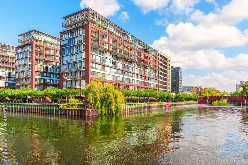 Modern blocks on the Spree, beautiful river view of Berlin, Germany