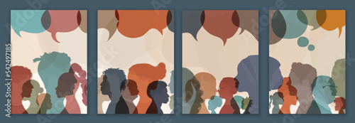Silhouette heads men and women in profile whit speech bubble.Talking dialogue and inform.Communicate between a group of diverse people who talk. People diversity.Template poster copy space