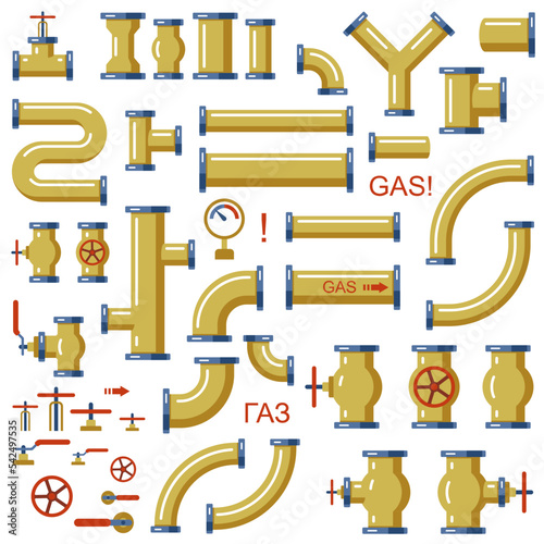 Vector collection of pipeline elements. Stylized pipes and joints. Flat style