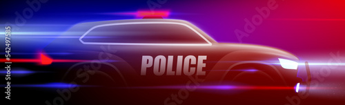 Police SUV car riding on a high speed on a dark background with colorful flashes. Cop chase vector illustration.