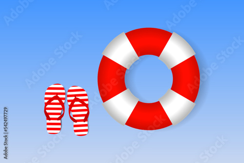 Striped Flip-Flops and lifebuoy. Vector illustration. Summer travel concept