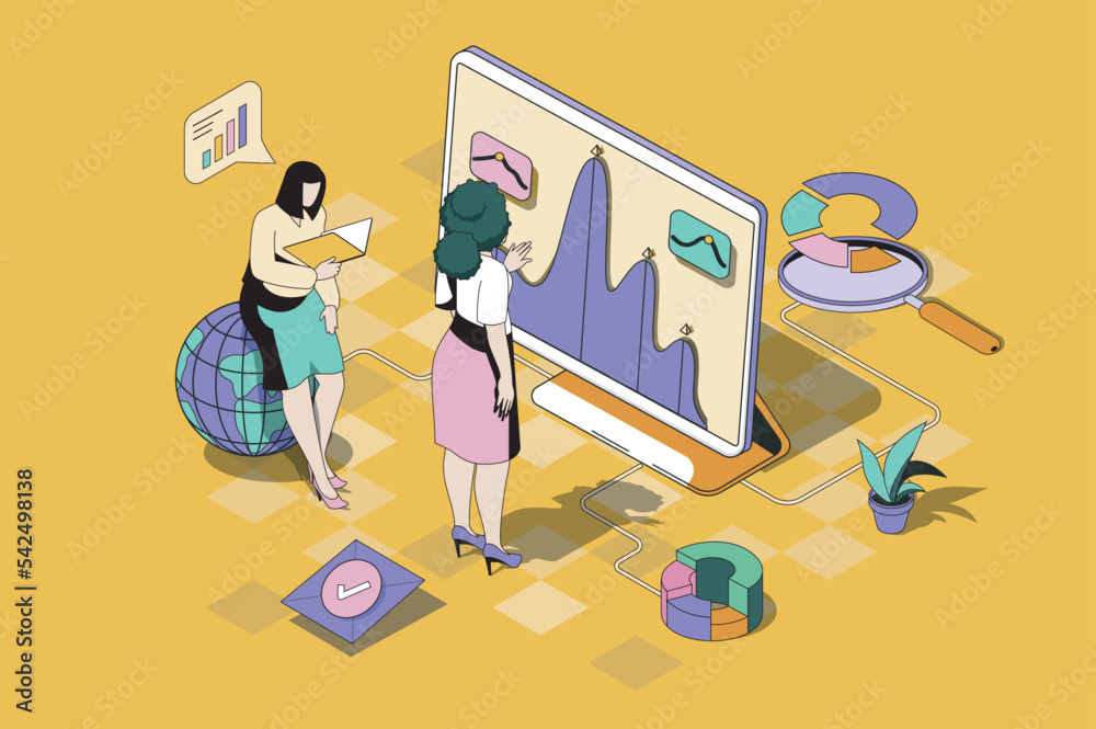 Data analysis web concept in 3d isometric design. Women making statistic analyzing on screen with charts and diagrams of sales and financial report. Vector web illustration with people isometry scene - obrazy, fototapety, plakaty 