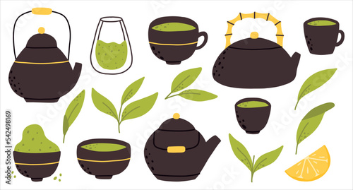Matcha tea. Vector set of organic tea matcha powder, tea leaves, teapot, traditional cup. green tea ceremony. Healthy drink.