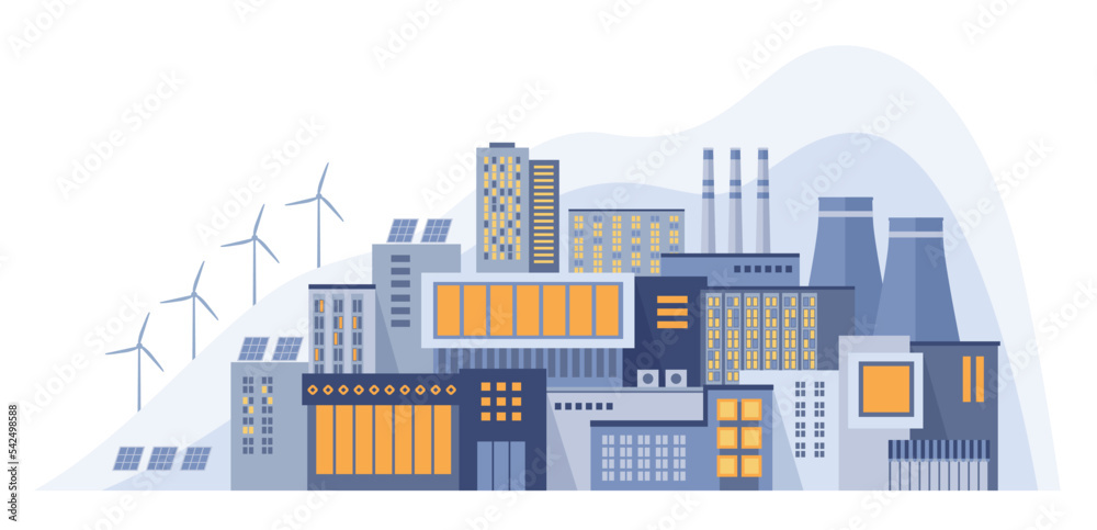 Energy self sufficiency concept. Energy efficiency and sustainability. Electricity production and consumption