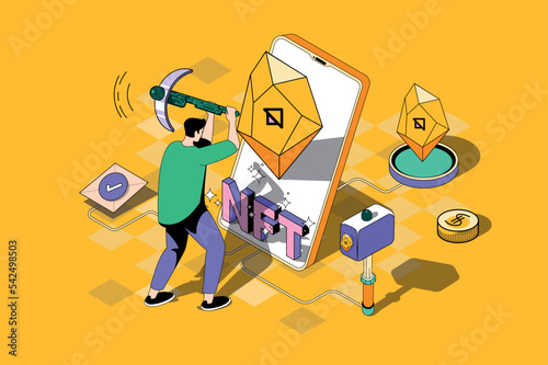 NFT token web concept in 3d isometric design. Man investing in digital collectible artwork with non fungible token and buying masterpiece at markets. Vector web illustration with people isometry scene