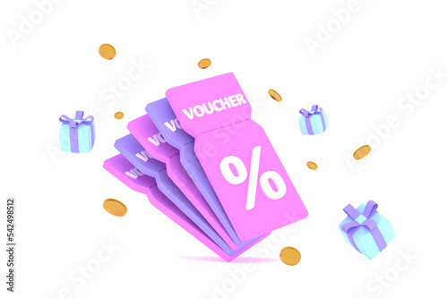 discount coupon with percentage sign with coins and gift box. Voucher card cash back.