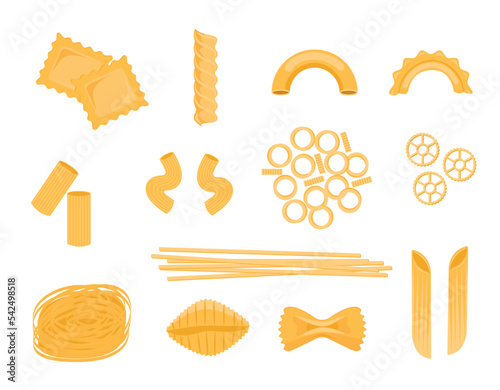 Pasta types set, italian noodles and macaroni. Restaurant delicious menu. Vector flat style cartoon pasta illustration isolated on white background