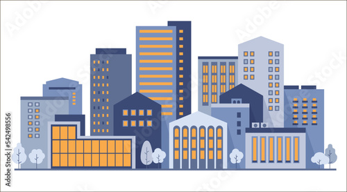 Energy saving concept. Illuminated windows in city buildings