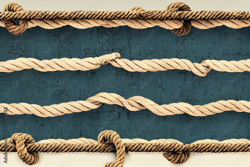 Marine rope on beige and blue striped old paper. Vintage navy background.