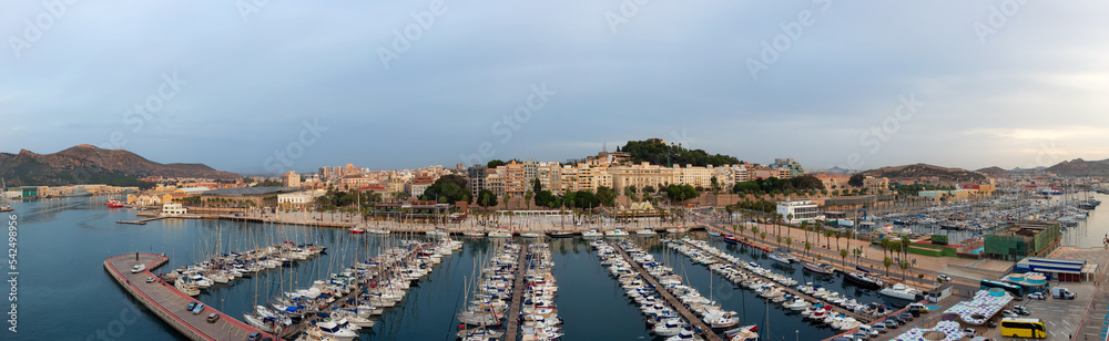 Aerial View of the Marina and Port in a historic city of Cartagena, Spain. Sunny Morning. Panorama