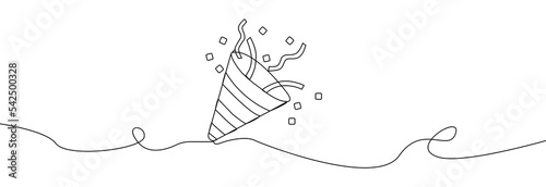 Party popper one line with ribbon and confetti.Congratulate and celebrate elements.Confetti logo.Continuous line party popper.Exploding cracker simple hand drawing icon.