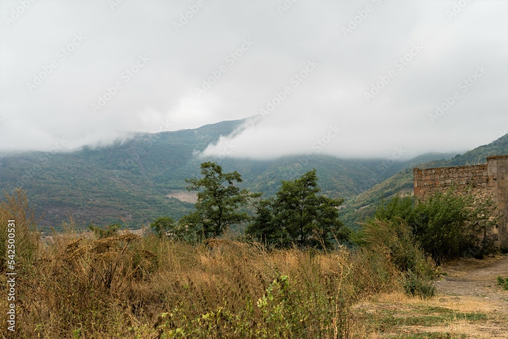 Armenian foggy mountain landscape with yellow grass and trees.