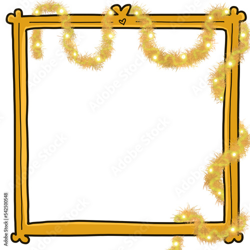 Cartoon inspired illustration hand drawn winter scene holiday lighted golden yellow garland frame vector element design
