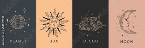 Set of linear vector illustrations. Hand drawn celestial illustrations featuring sun, moon, planet, clouds. design elements for decoration in a modern style. Drawings for social media posts, stories. photo