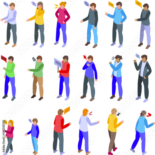 Argument icons set isometric vector. Angry conflict. Team mind