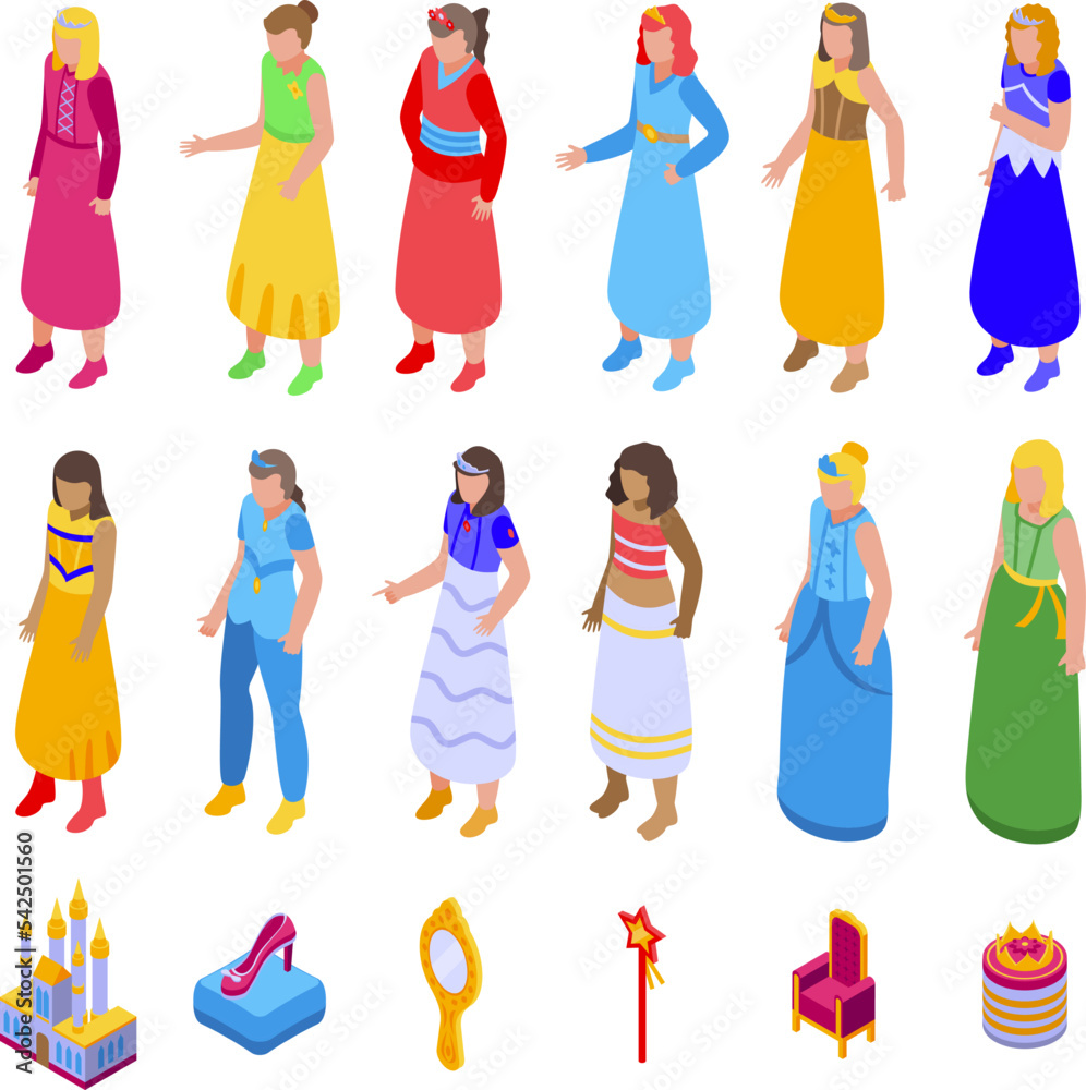 Fototapeta premium Princess icons set isometric vector. Crown girl. Tiara ballet