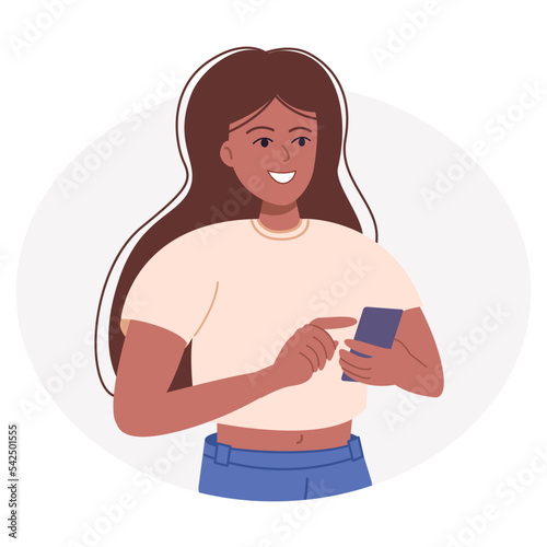 Happy American or Idian woman set uses smartphone. Modern teenager with mobile phone surfing internet and getting likes. Colored flat vector illustration isolated on white background. Flat vector