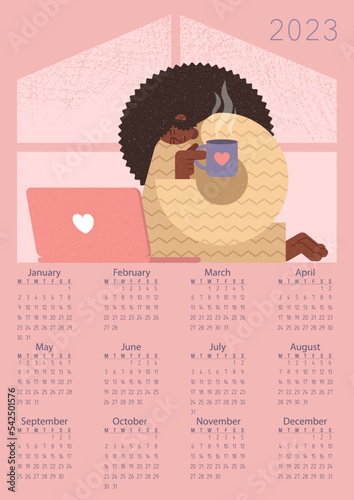 Vector. Calendar 2023. Flat style. African American girl drinks coffee or tea in the morning by the window. Home, comfort, plants.