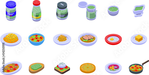 Pesto icons set isometric vector. Food sauce. Jar bowl