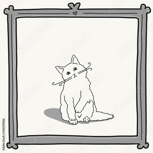 Cartoon inspired pet portrait illustration hand drawn long hair white cat design with head tilt whiskers and shadow within gray frame