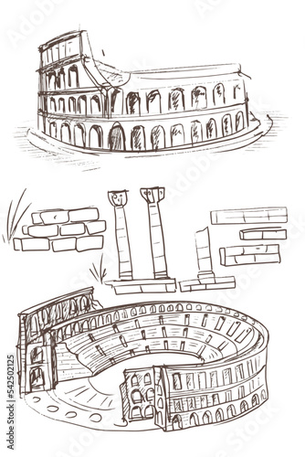 Colosseum roman architecture antiquity historical monument travel landmarks of italy hand drawn sketch separately on white background