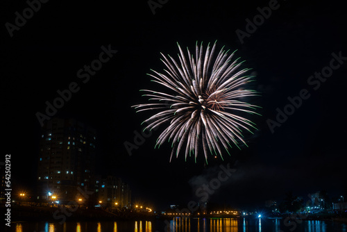 fireworks over the river in the city