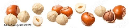 Whole and peeled hazelnut set isolated on white background