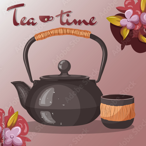 Vector illustration of traditional black iron kettle teapot with corded handle, black cup mug, lilac flowers, berries and tea leaves, text Tea Time isolated on pink background.