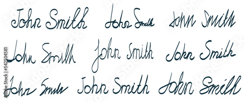 Fictional signatures template for documents design. Calligraphy lettering with the name and surname "John Smith" handwritten in various styles. Collection of vector signature samples