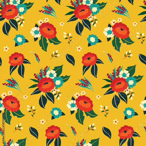 Seamless floral pattern, summer ditsy print in modern folk style. Pretty flower design with decorative bouquets of red flower blossom, small flowers, leaves on a yellow background. Vector illustration © Yulya i Kot
