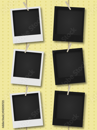 frames on wooden background, Realistic polaroid photo template. Empty photo frame mock up with shadow. Vintage card. Vector illustration on transparent background.