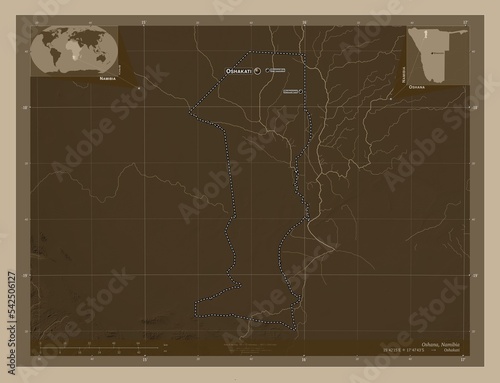 Oshana, Namibia. Sepia. Labelled points of cities