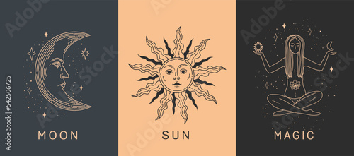 Collection of magical illustrations. Tarot cards. Set of linear vector illustrations. Hand drawn celestial illustrations depicting sun, moon, woman. design elements for decoration in a modern style.