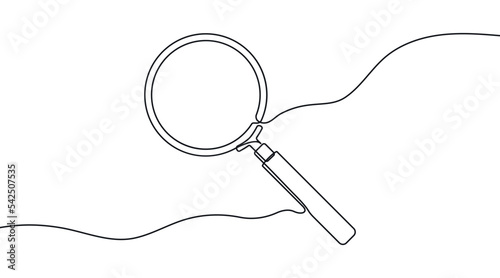 One continuous line illustration of magnifying glass. Continuous line drawing of magnifying glass lens. Vector illustration.