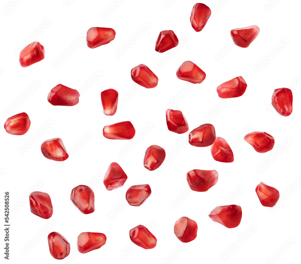 Falling pomegranate seeds. Collection of flying pomegranate fruit seeds isolated on white background, with cliping path Falling pomegranate seeds. Collection of flying pomegranate fruit seeds isolated on white background, with cliping path