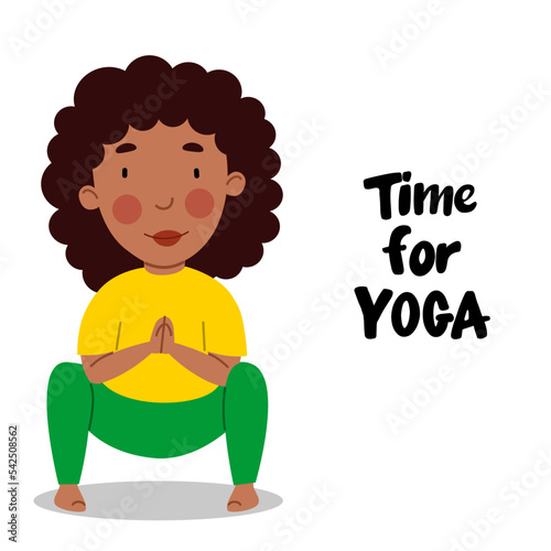 An afro-american girl stands on two legs, her elbows resting on her knees. The child is engaged in sports. Time for yoga. Vector illustration in a flat style on a white background.