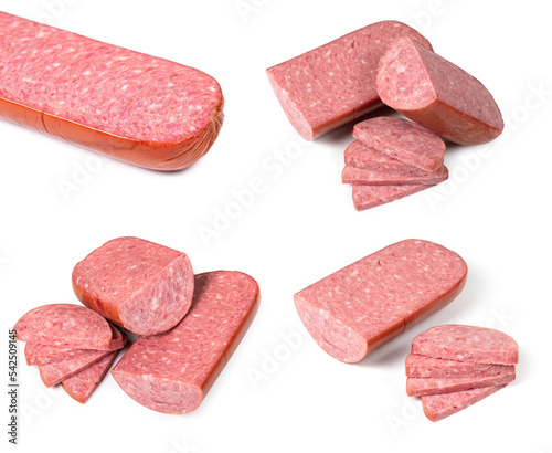 Collextion sliced salami sausage on white background photo