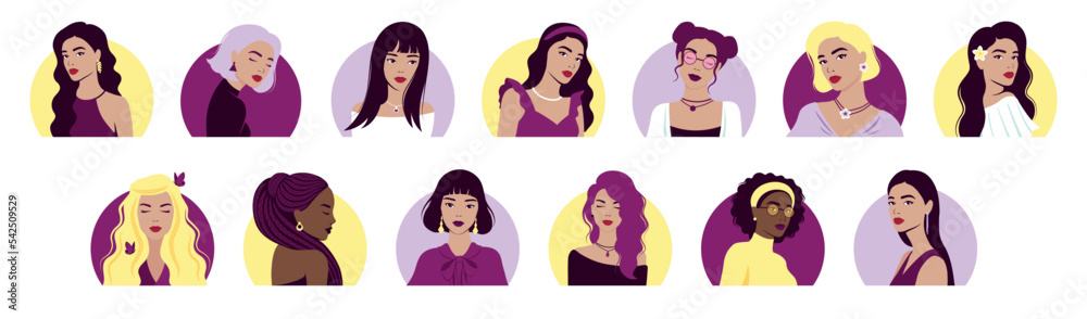 Portraits of the beautiful women. Faces of a girls. Set of Female avatar. Flat vector illustration. Portraits of the beautiful women. Faces of a girls. Set of Female avatar. Flat vector illustration.