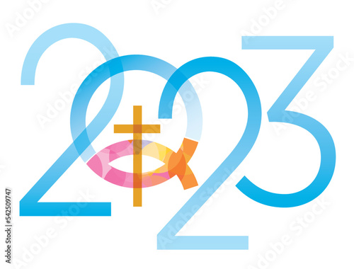 Jesus fish symbol, new year. 
2023 new year with Jesus fish symbol with cross. Isolated on white background. Vector available.