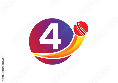 Letter 4 Cricket Logo Concept With Moving Cricket Ball Icon. Cricket Sports Logotype Symbol Vector Template Design.