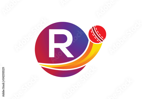 Letter R Cricket Logo Concept With Moving Cricket Ball Icon. Cricket Sports Logotype Symbol Vector Template Design.
