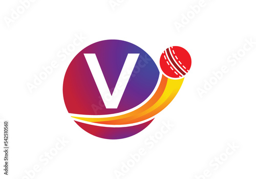 Letter V Cricket Logo Concept With Moving Cricket Ball Icon. Cricket Sports Logotype Symbol Vector Template Design.