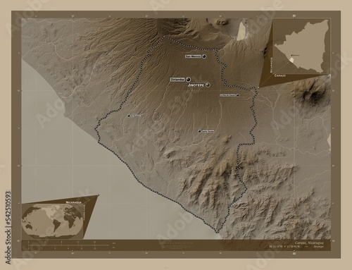 Carazo, Nicaragua. Sepia. Labelled points of cities photo