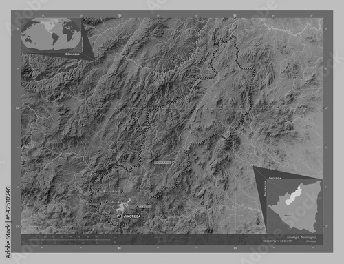 Jinotega, Nicaragua. Grayscale. Labelled points of cities photo