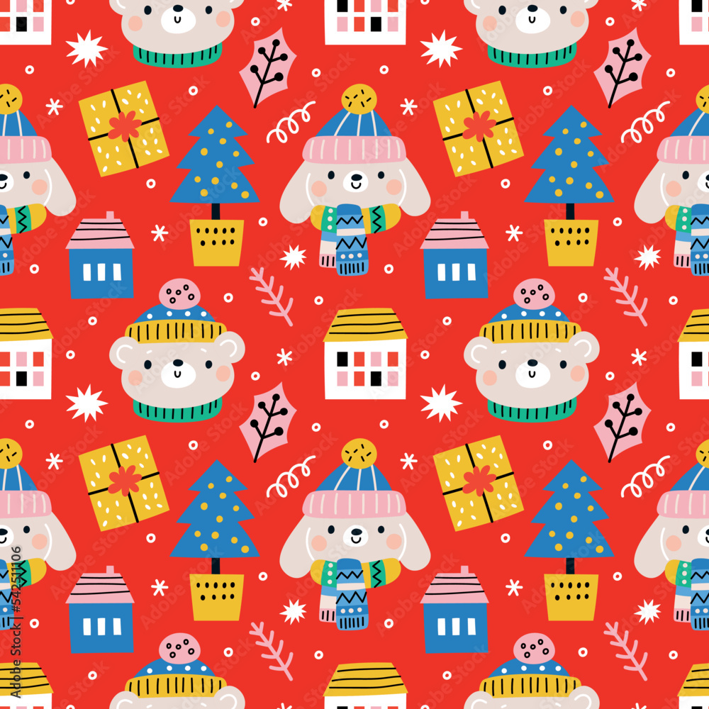 Christmas pattern with bear, bunny, tree, gifts, snow. Background, Wrapping paper print. Texture for Christmas and New Year holiday textile, print with cute design elements 
